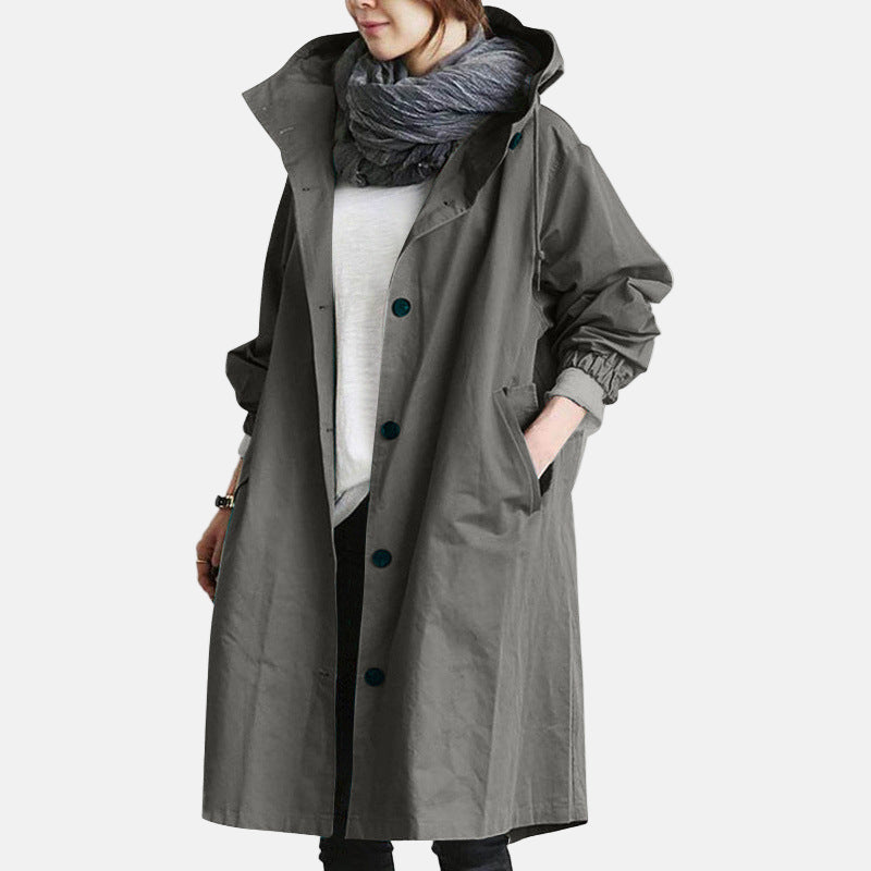 Water-Resistant Hooded Button Closure Long Overcoat