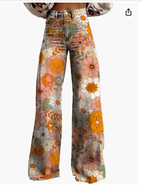 Women's wide-leg watercolor floral pants