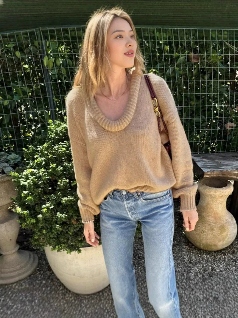 Wool Knit Loose Fit V-Neck Sweater 