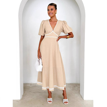 Women’s Long Dress – Cotton Blend – V-Neck – Puff Sleeve – Lace Trim – Fitted Waist