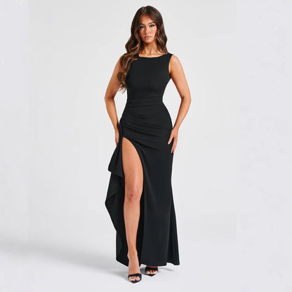 Women’s Evening Dress – Slim Fit – Satin Feel – Sleeveless – High Slit – Open Back