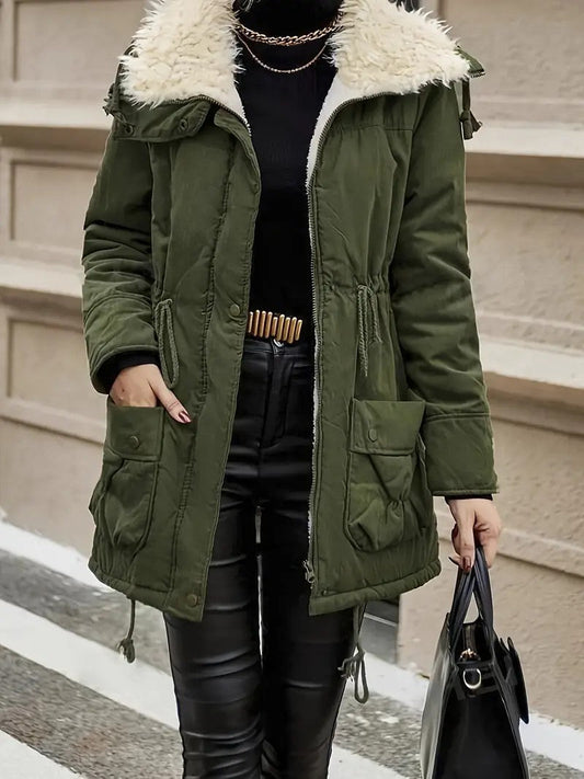 Faux Fur Hood Mid-Length Parka Jacket 