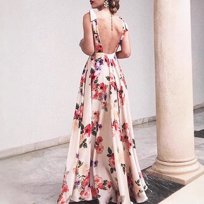 Women’s Maxi Dress – Floral Print – Sleeveless Backless A-Line – Spaghetti Straps