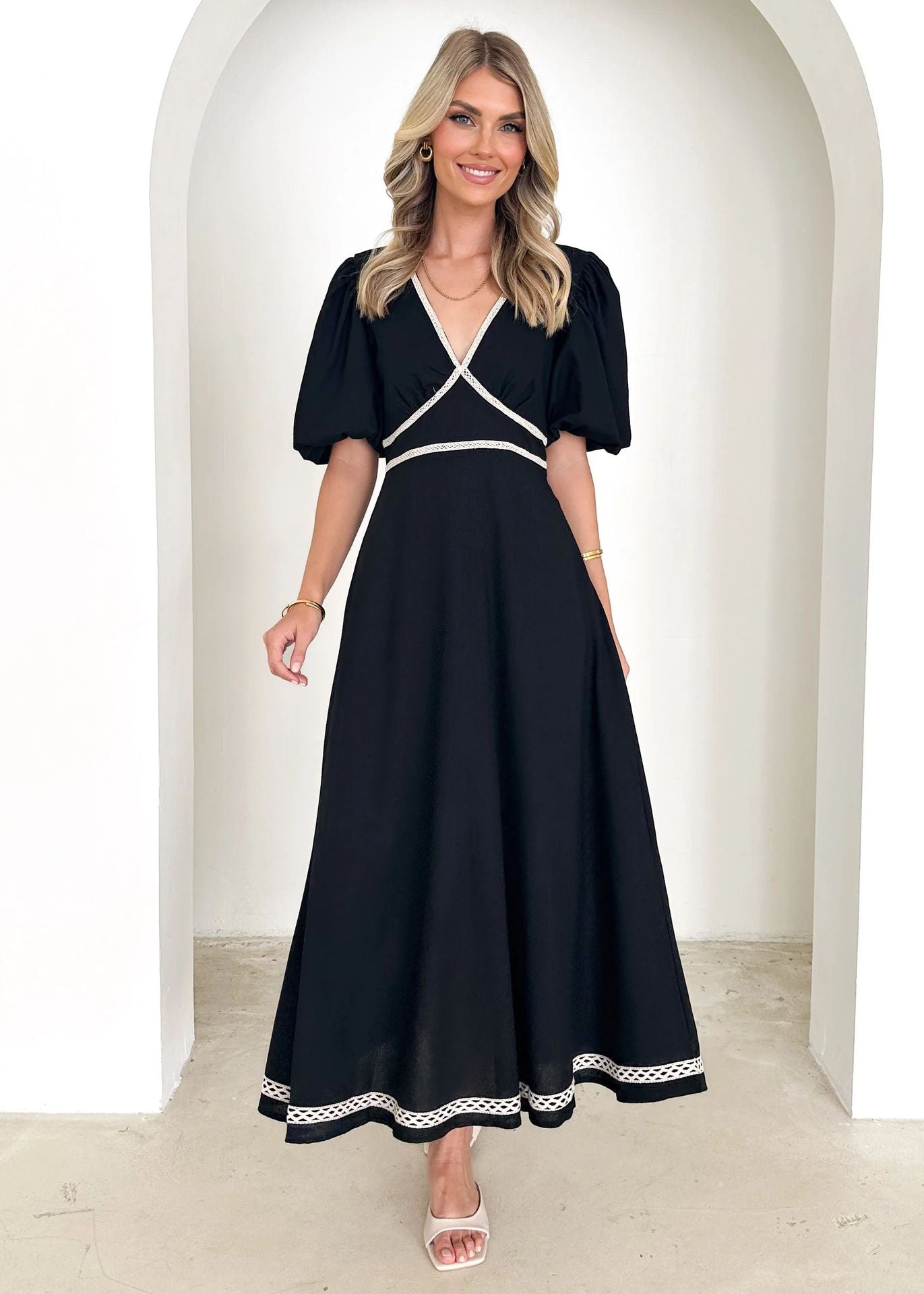 Lace Trim Fitted Cotton Blend Dress