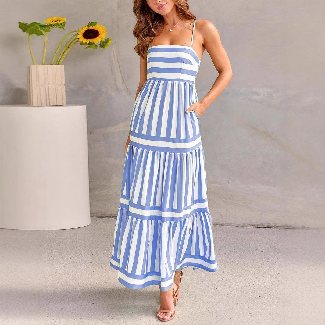Women’s Sundress – Lightweight Cotton – A-Line Fit – Tiered Striped Full Length