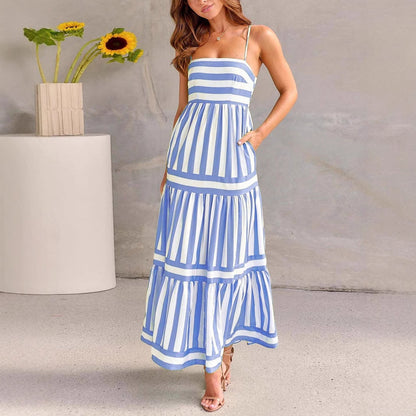 Women’s Sundress – Lightweight Cotton – A-Line Fit – Tiered Striped Full Length