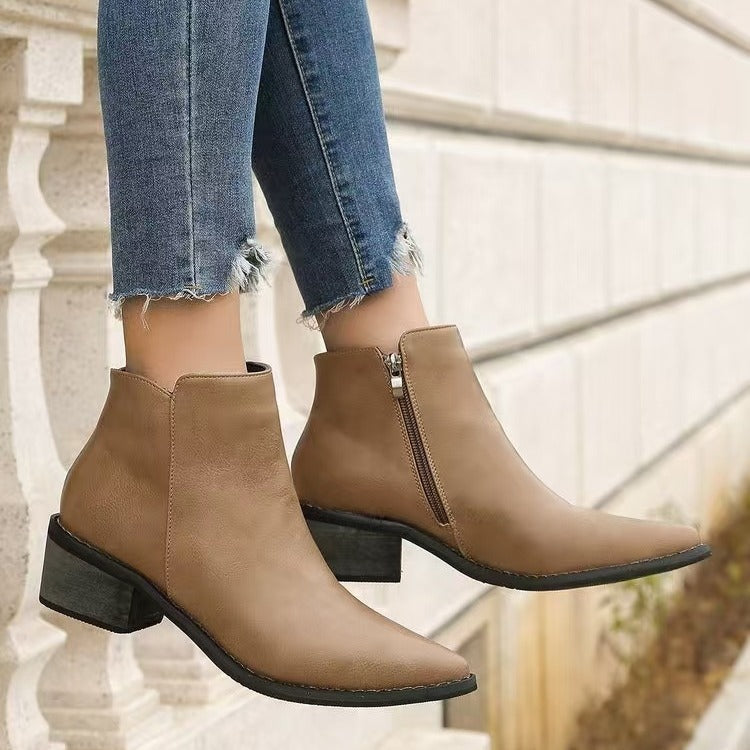 Leather Pointed Toe Low Block Heel Ankle Boots