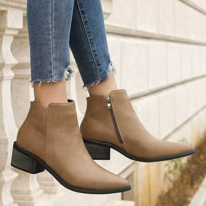 Women’s Ankle Boots - Leather - Pointed Toe - Low Block Heel