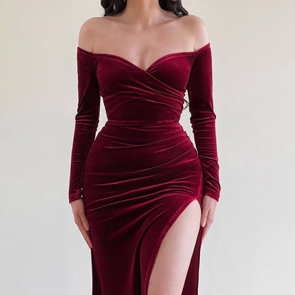 Women’s Long Dress – Velvet – Off Shoulder – Crossover Bust – High Slit – Form Fitting