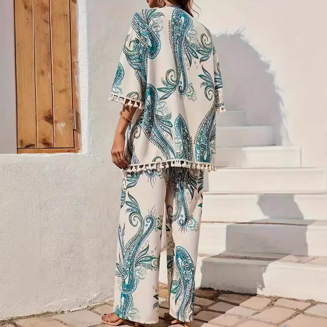 Paisley Print Relaxed Fit Kimono and Pants Set