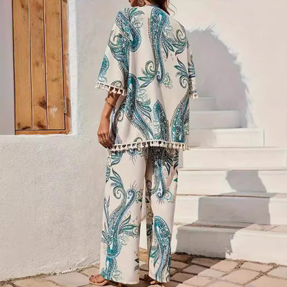 Women’s Kimono Cardigan and Pants Set – Relaxed Fit – Paisley Print – Breathable Blend