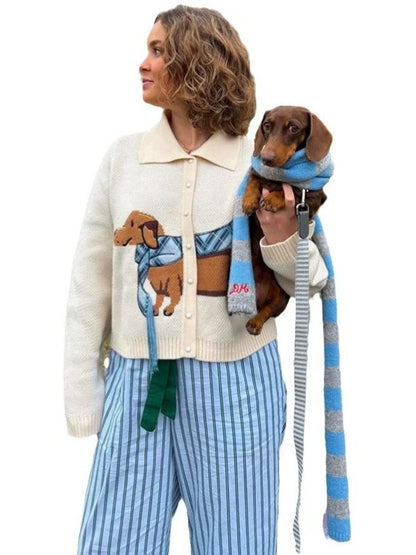 Women’s Cardigan Sweater – Cropped Fit – Knitted – Button Front – Dachshund Graphic