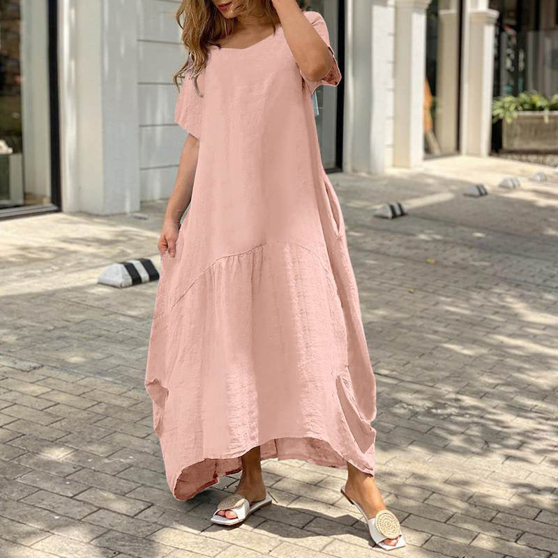 Women's Midi Dress - Short Sleeve Loose Fit - Lightweight Linen - Round Neck