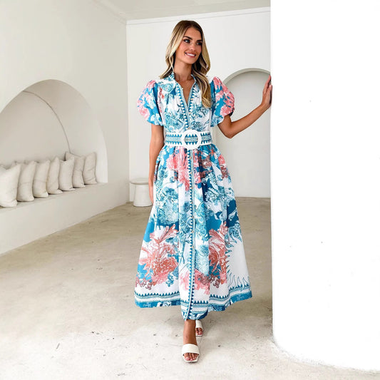 Printed Puff Sleeve Fitted Waist Long Dress