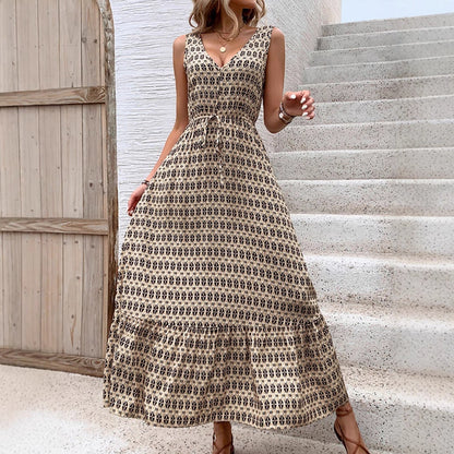Women’s Midi Dress – Sleeveless V-Neck – Bohemian Print – Waist Tie Flowy Fit