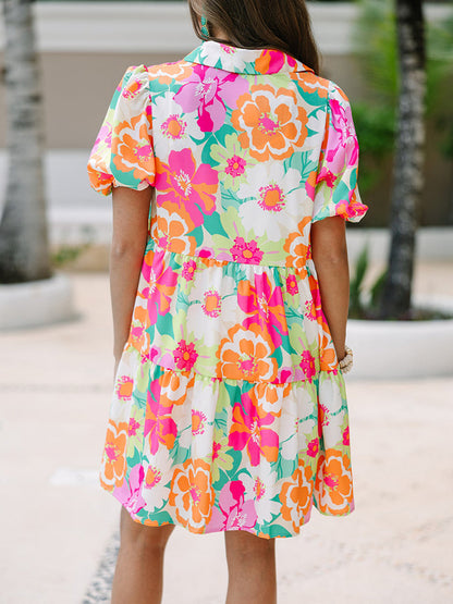 Women's Shirt Dress - Floral Print - Puff Sleeve - Button Down - A-Line Mini Fit