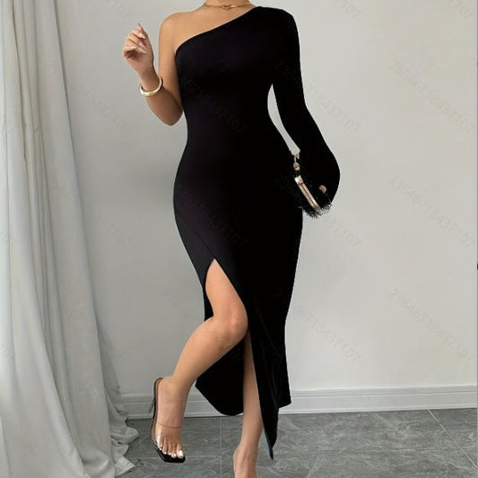 Off-Shoulder Asymmetric Slit Midi Bodycon Dress