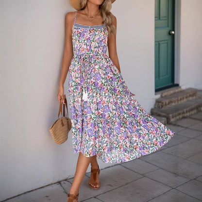 Women’s Midi Dress – Spaghetti Strap – Floral Print – Fit and Flare – Ruffle Hem