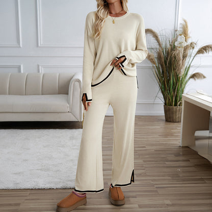 Women’s Two-Piece Lounge Set – Wool Knit – Relaxed Fit – Crew Neck – Wide-Leg Pants