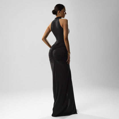 Women’s Bodycon Dress – High Neck – Sleeveless Ruched Midi – Slim Fit Evening Wear