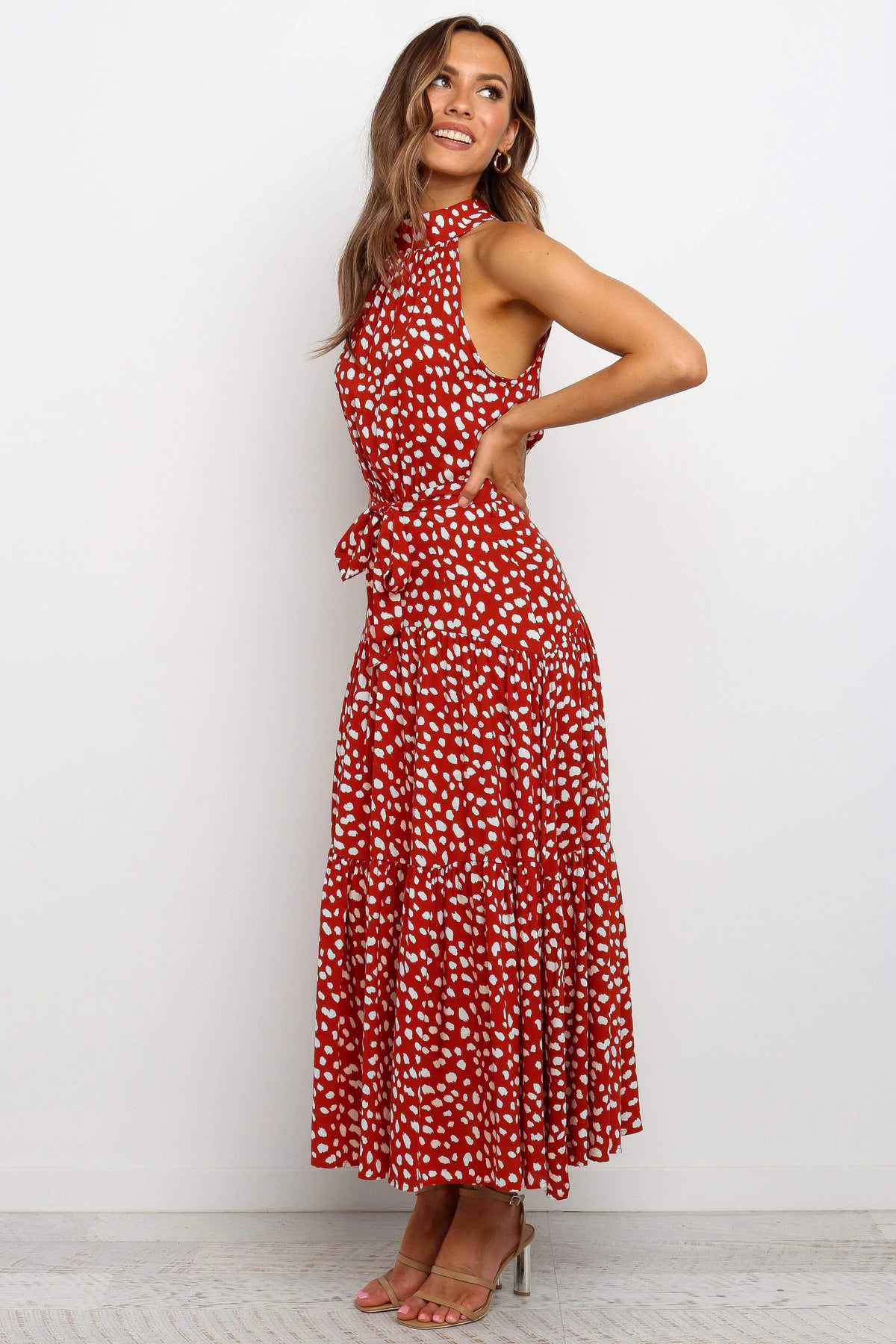 Polka Dot Lightweight A-Line Halter Maxi Dress