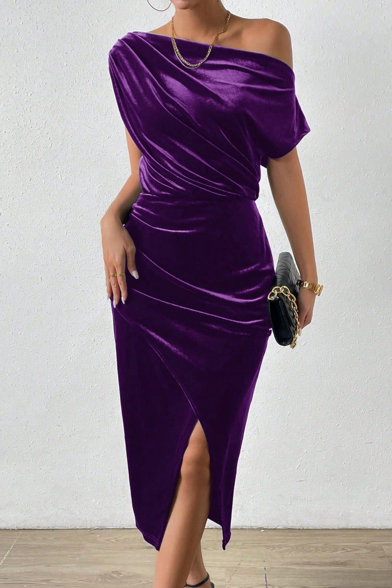Women’s Midi Dress – Velvet One-Shoulder – Ruched Fit with Front Slit
