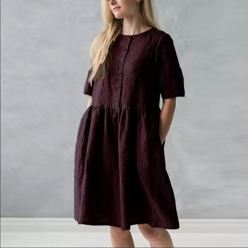 Women’s Midi Dress – Cotton Linen Blend – Relaxed Fit – Button Front with Pockets