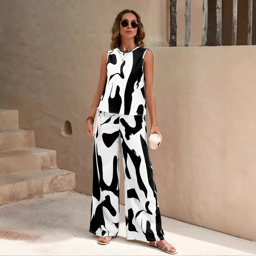 Women’s 2-Piece Set – Sleeveless Top & Wide-Leg Pants – Relaxed Fit – Breathable Blend