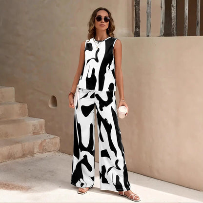 Women’s 2-Piece Set – Sleeveless Top & Wide-Leg Pants – Relaxed Fit – Breathable Blend