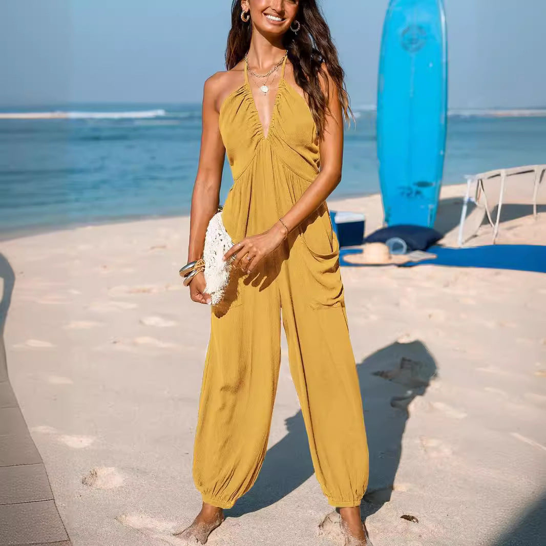 Relaxed Fit Jersey Halter Jumpsuit with Pockets