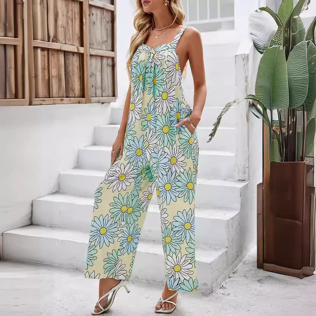 Women’s Jumpsuit – Loose Fit – Wide Leg – Sleeveless – Lightweight Printed Style