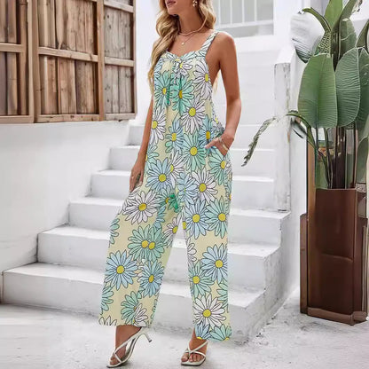 Women’s Jumpsuit – Loose Fit – Wide Leg – Sleeveless – Lightweight Printed Style