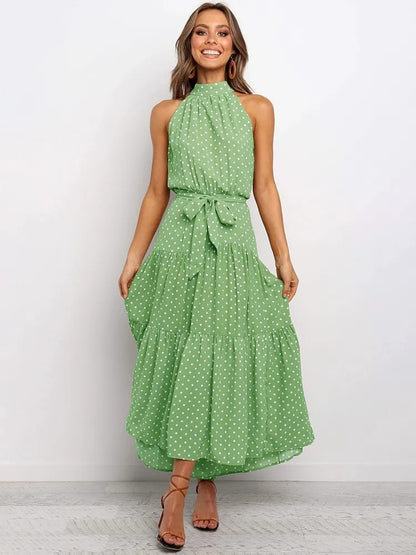 Women's Polka Dot Halter Maxi Dress – Elegant & Lightweight A-Line Fit