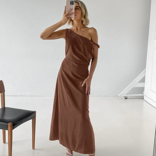 Linen Blend Slim Fit One-Shoulder Dress