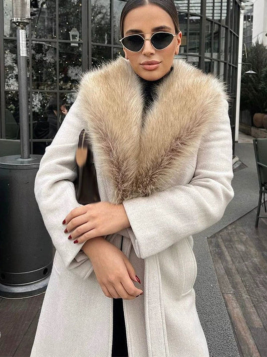 Wool Blend Belted Relaxed Fit Long Coat 