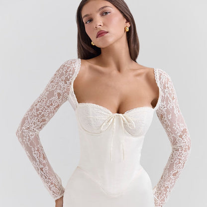 Women’s Evening Dress – Satin Bodycon Fit – Lace Long Sleeves – Sweetheart Bustier