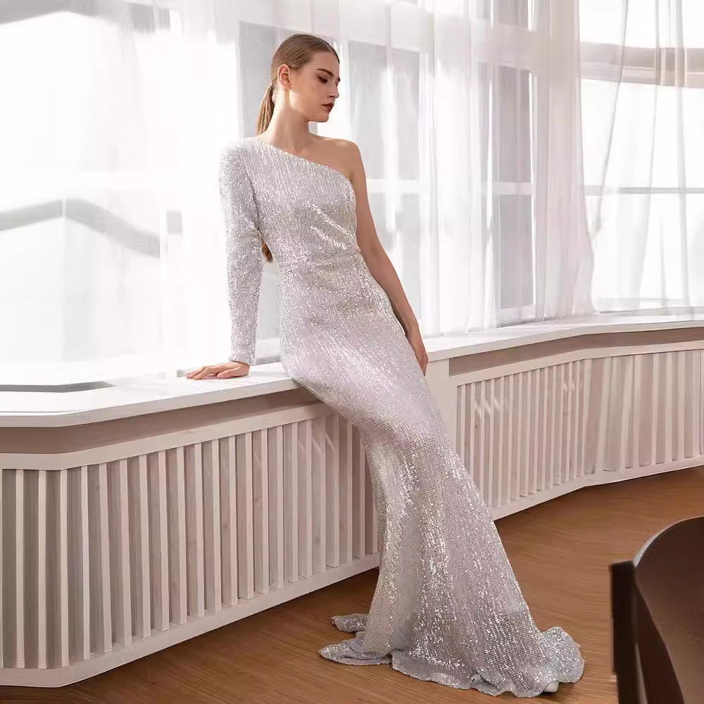 Women’s Evening Gown – Sequined One Shoulder – Slim Fit – Mermaid Silhouette