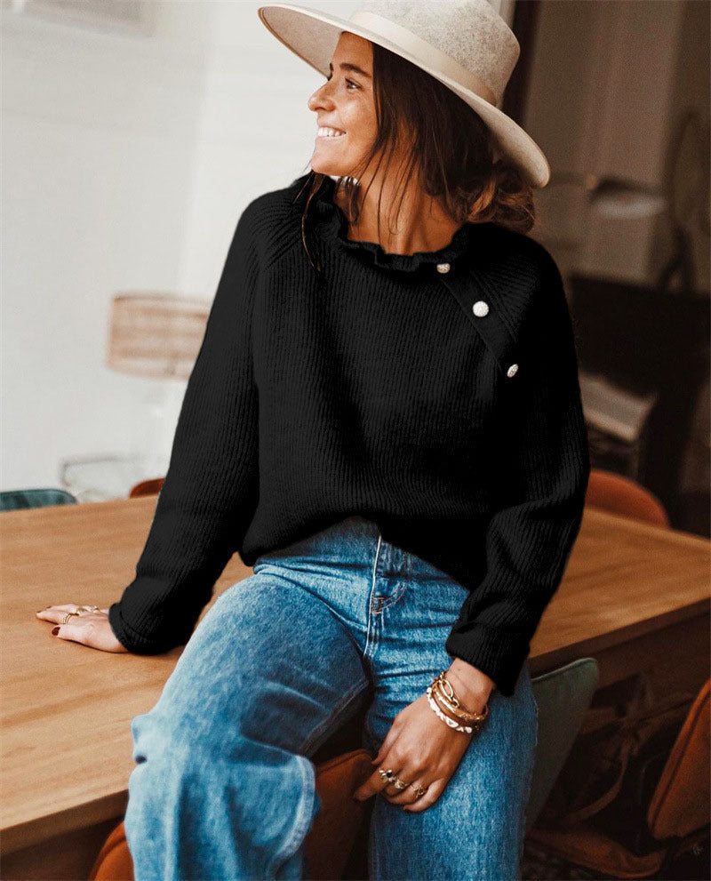Women’s Knitted Sweater – Wool Blend – Relaxed Fit – Ruffled Neck – Button Detail