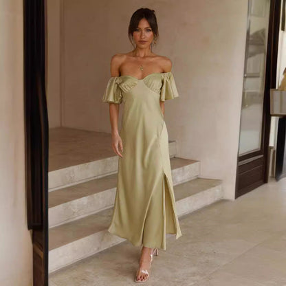 Women’s Midi Dress – Satin Fabric – Slim Fit – Off Shoulder – V-Back – Side Slit