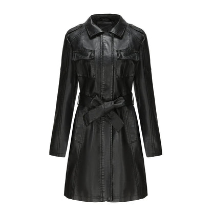 Women’s Medium-Length Coat – Structured Fit – Leather-Like – Zipper – Point Collar