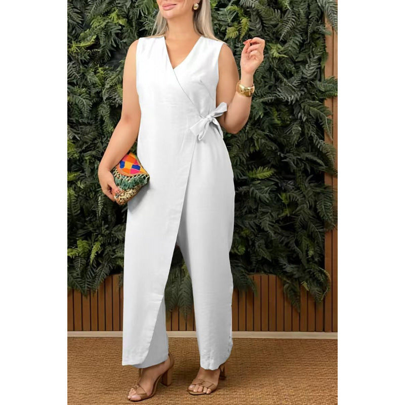 Lightweight Cotton Blend Wrap Jumpsuit