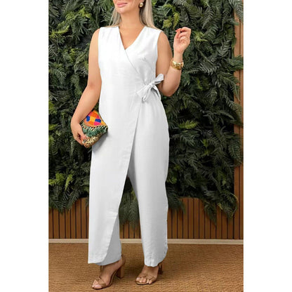 Women’s Jumpsuit – Lightweight Cotton Blend – V-Neck Wrap – Sleeveless – Wide Leg