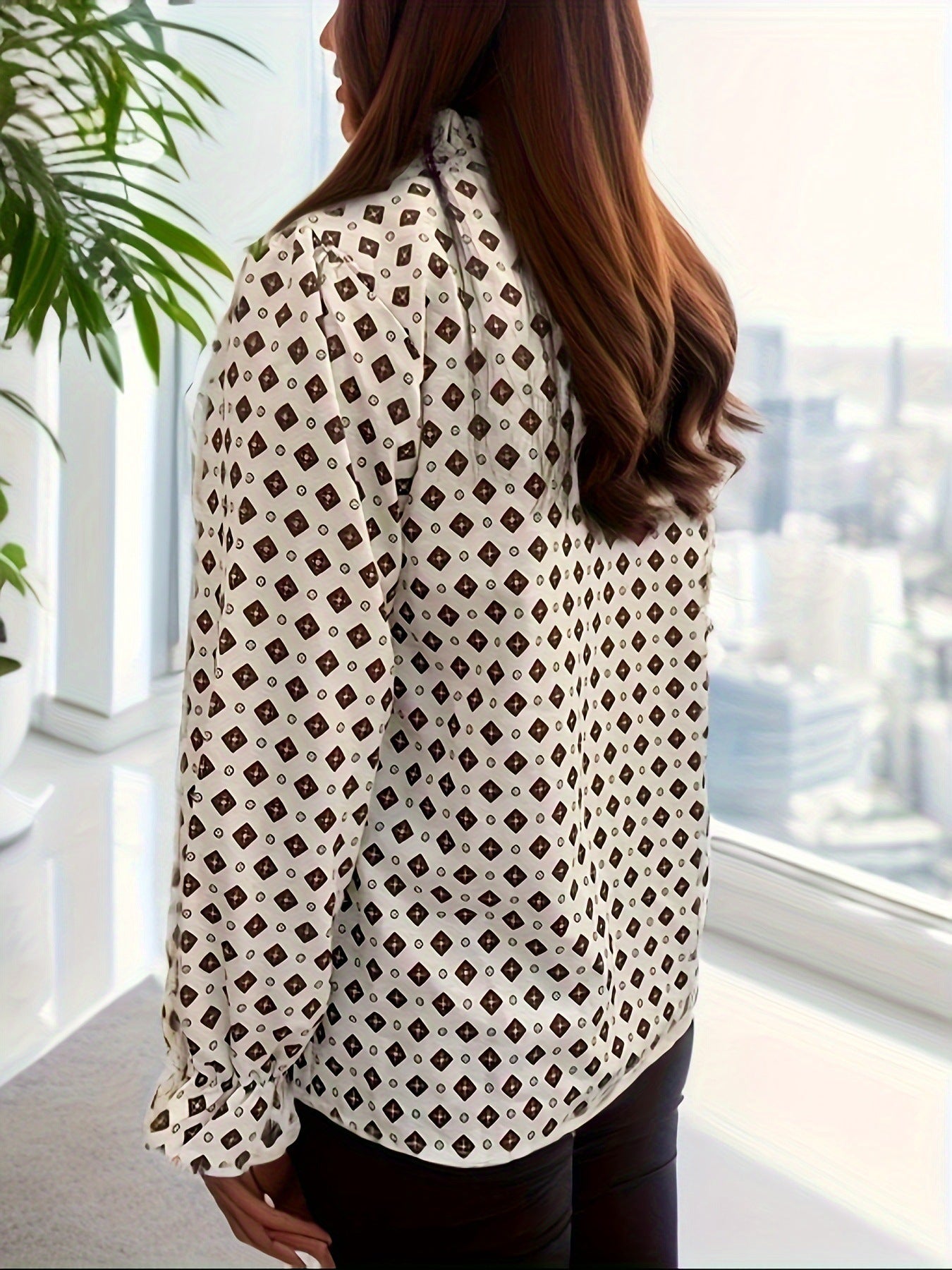 Women's Long Sleeve Blouse - Elegant High Neck Design - Casual Printed Pattern