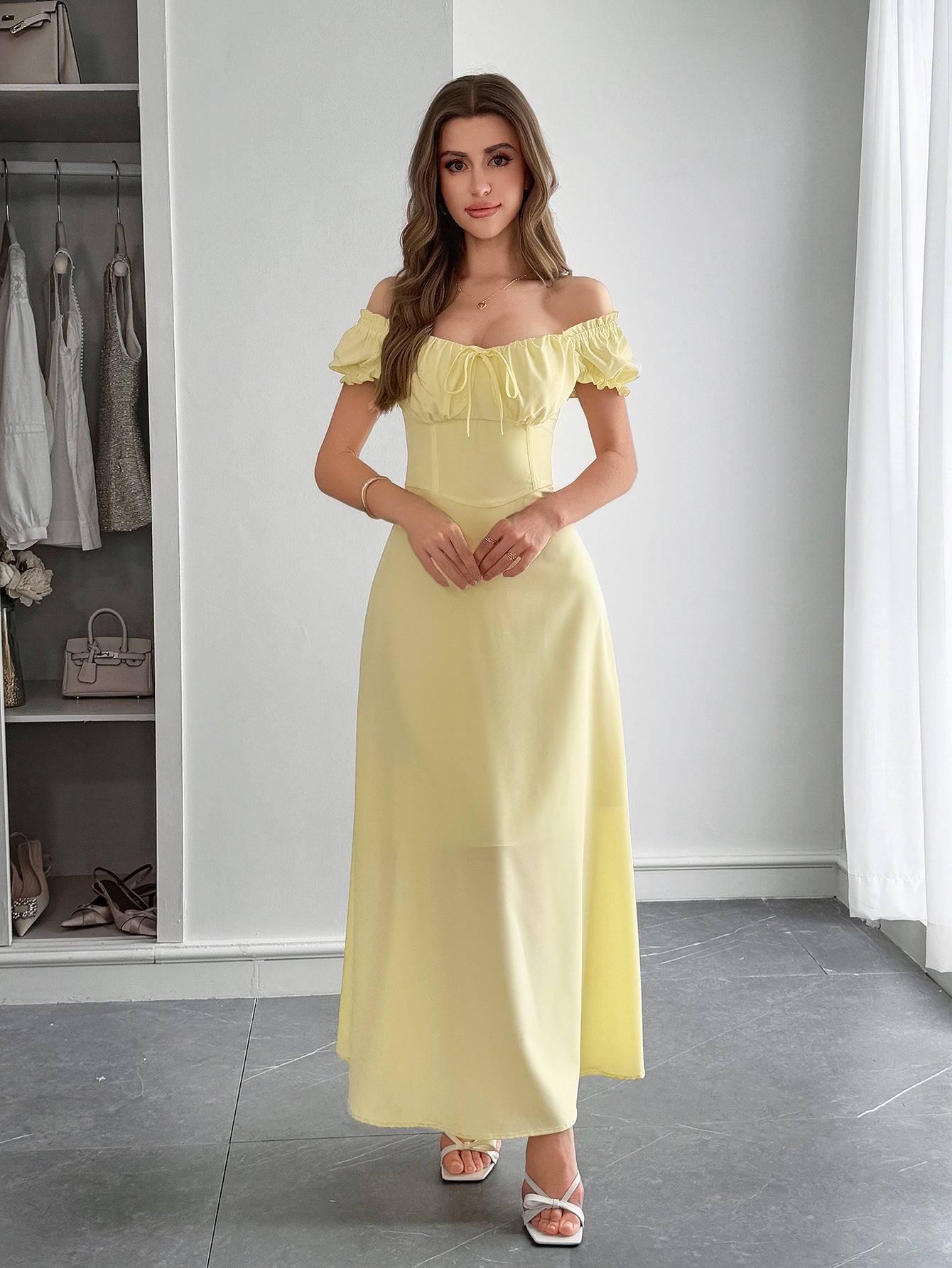 Off-Shoulder Corset Back White Maxi Dress