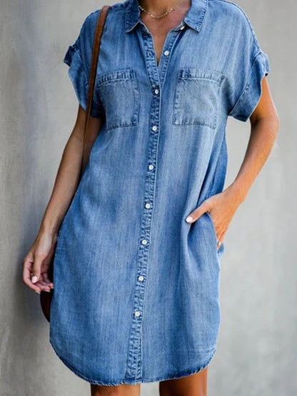 Women's Denim Shirt Dress - Button Down - Short Sleeve - Collared Casual Fit