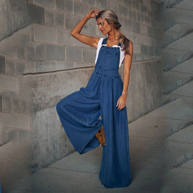 Relaxed Fit Wide Leg Denim Jumpsuit