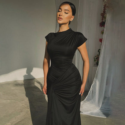 Women’s Full-Length Dress – Stretch Fabric – Draped Waist – Short Sleeve Formal Fit