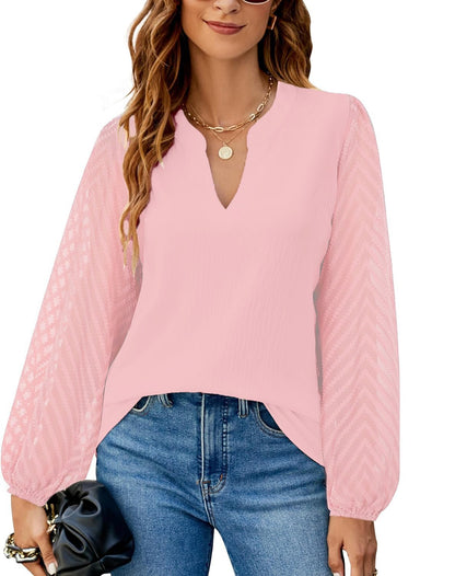 Women's V-Neck Lace Splicing Top - Elegant Long Sleeves