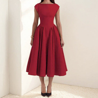 Women’s Midi Dress – Slim Fit – Sleeveless – Round Neck – Flared Silhouette