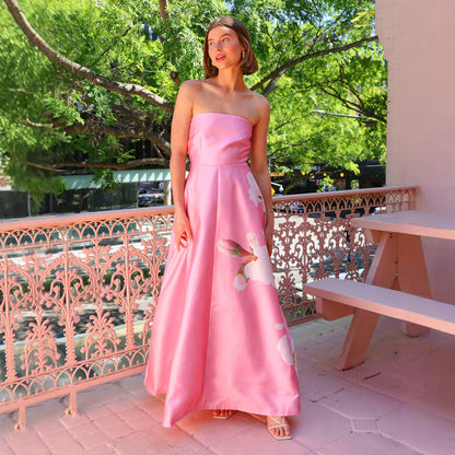 Women’s Evening Gown – Strapless Satin – Slim Fit – Floral Print Full-Length Dress